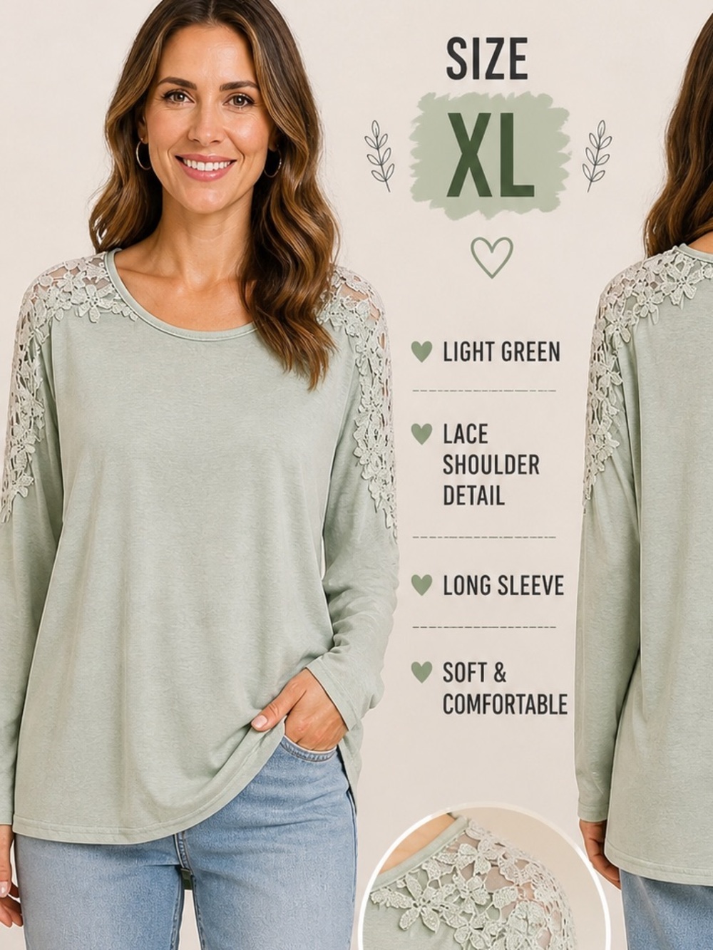 Women's Lace Shoulder Top - Light Green XL